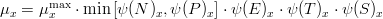  \mu _x = \mu^{\max }_x \cdot \min \left[{\psi (N)_x ,\psi (P)_x} \right]\cdot \psi (E)_x \cdot \psi (T)_x \cdot \psi (S)_x